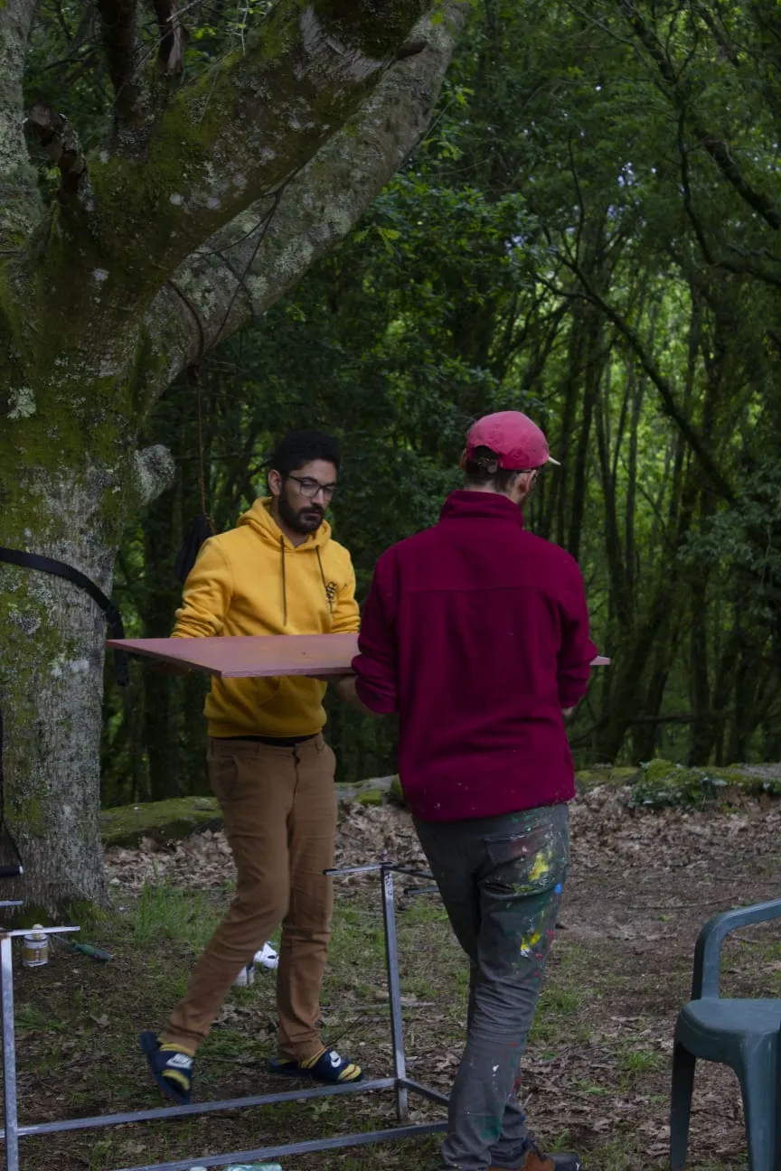Dúas persoas transportan entre elas un taboleiro de madeira recén vernizado nunha carballeira cuberta de musgo