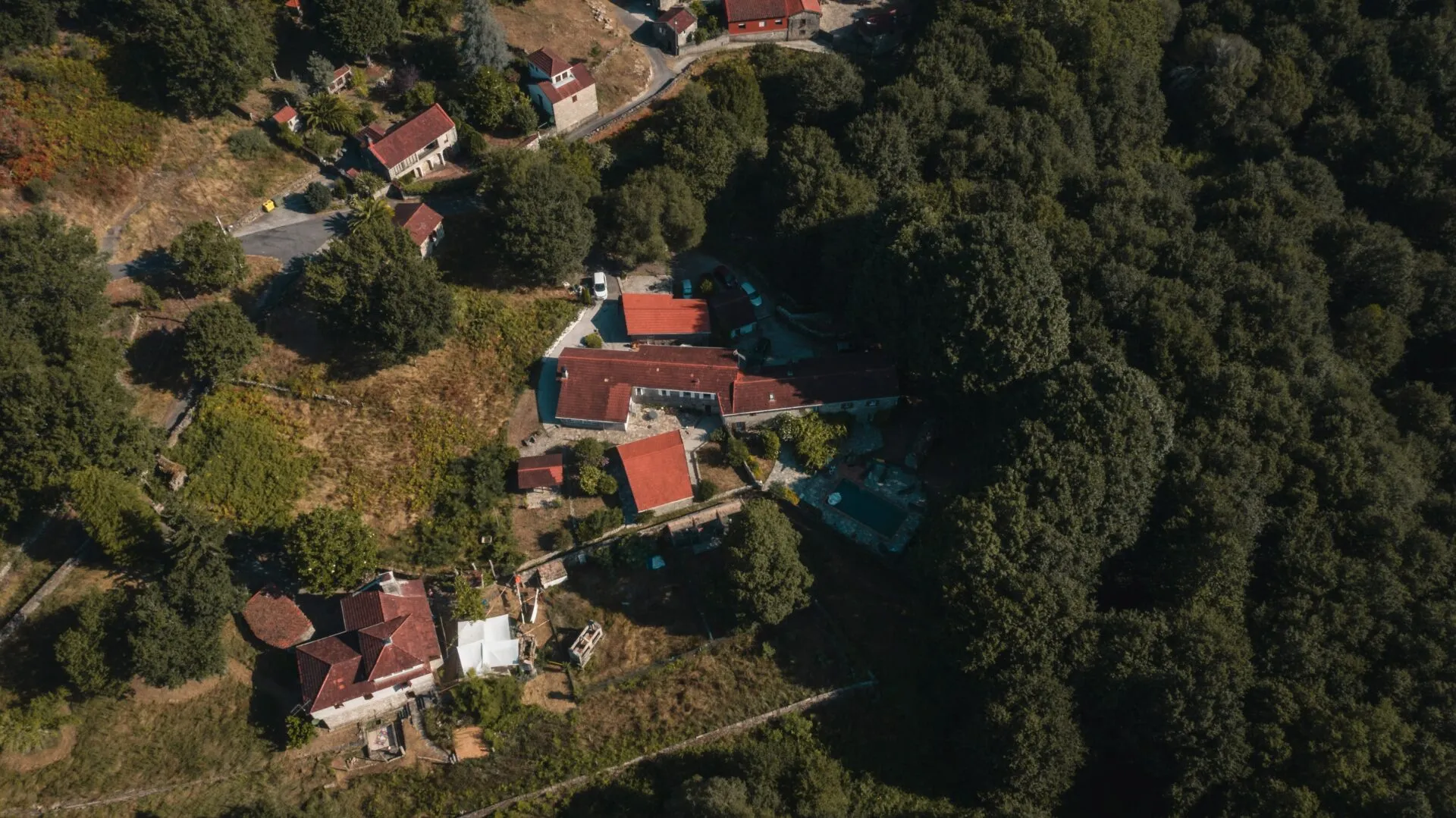 Vista aérea dunha pequena aldea de casas con tellados vermellos nunha clareira rodeada de bosque denso