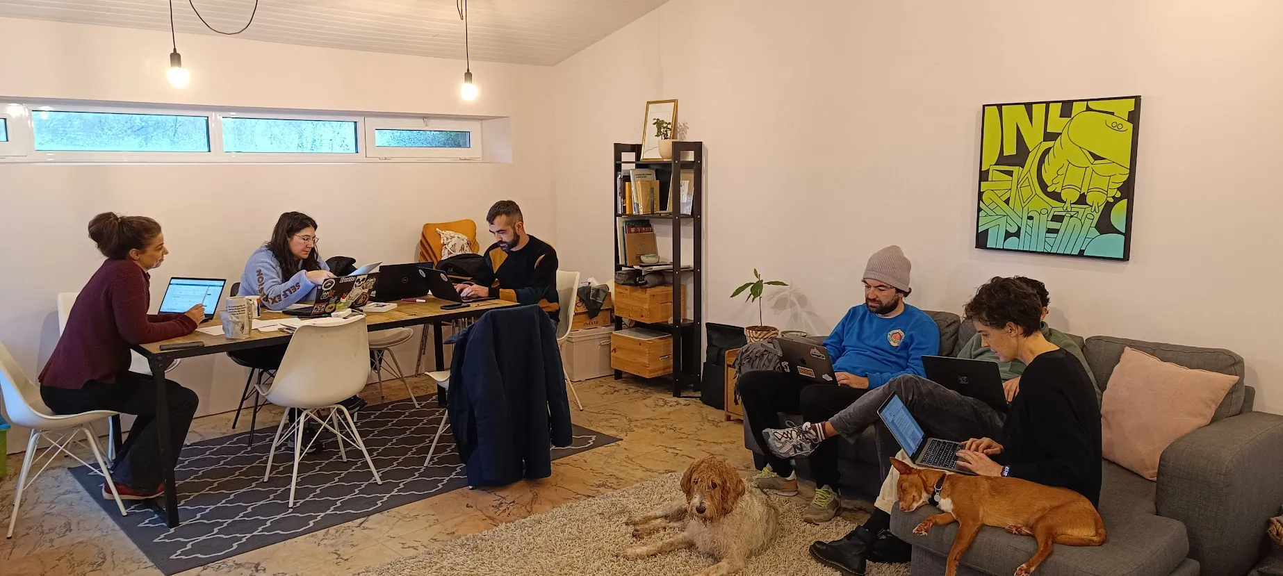 Five people working on laptops in a coworking room, three at a wooden table and two on a sofa, with two dogs resting nearby