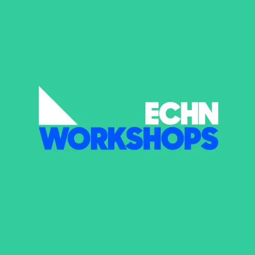 Gráfica de la convocatoria abierta de los ECHN Workshops, en azul y blanco sobre verde