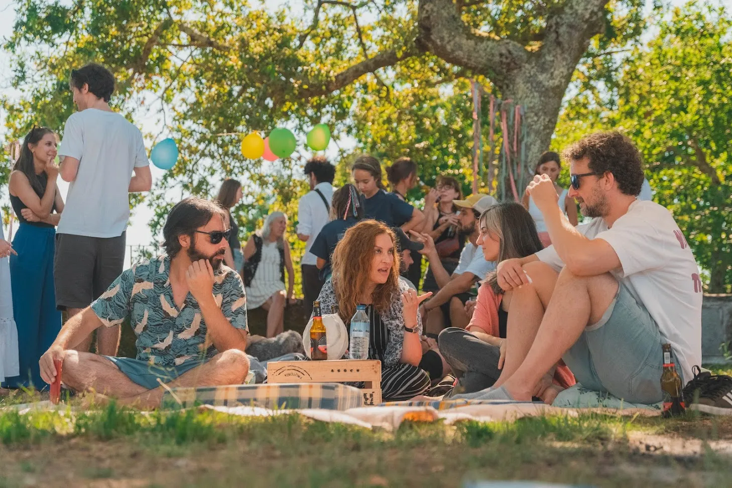 Xente sentada en mantas de picnic baixo unha árbore con globos, conversando ao sol