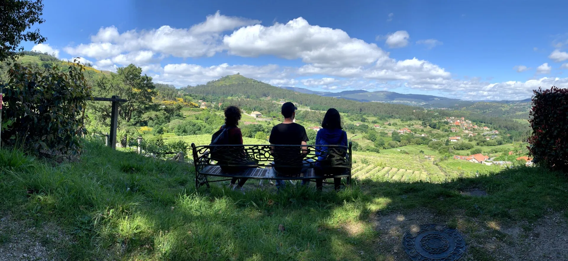 Tres personas vistas de espaldas sentadas en un banco mirando hacia colinas verdes y viñedos bajo un cielo azul