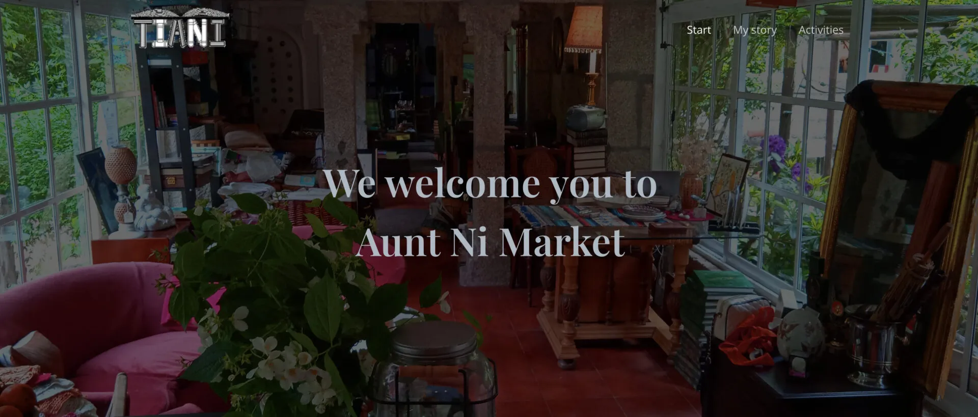 Portada de una web con el logo TIANI, el menú ‘Start, My story, Activities’ y el titular ‘We welcome you to Aunt Ni Market’ sobre la foto de una galería acristalada abarrotada