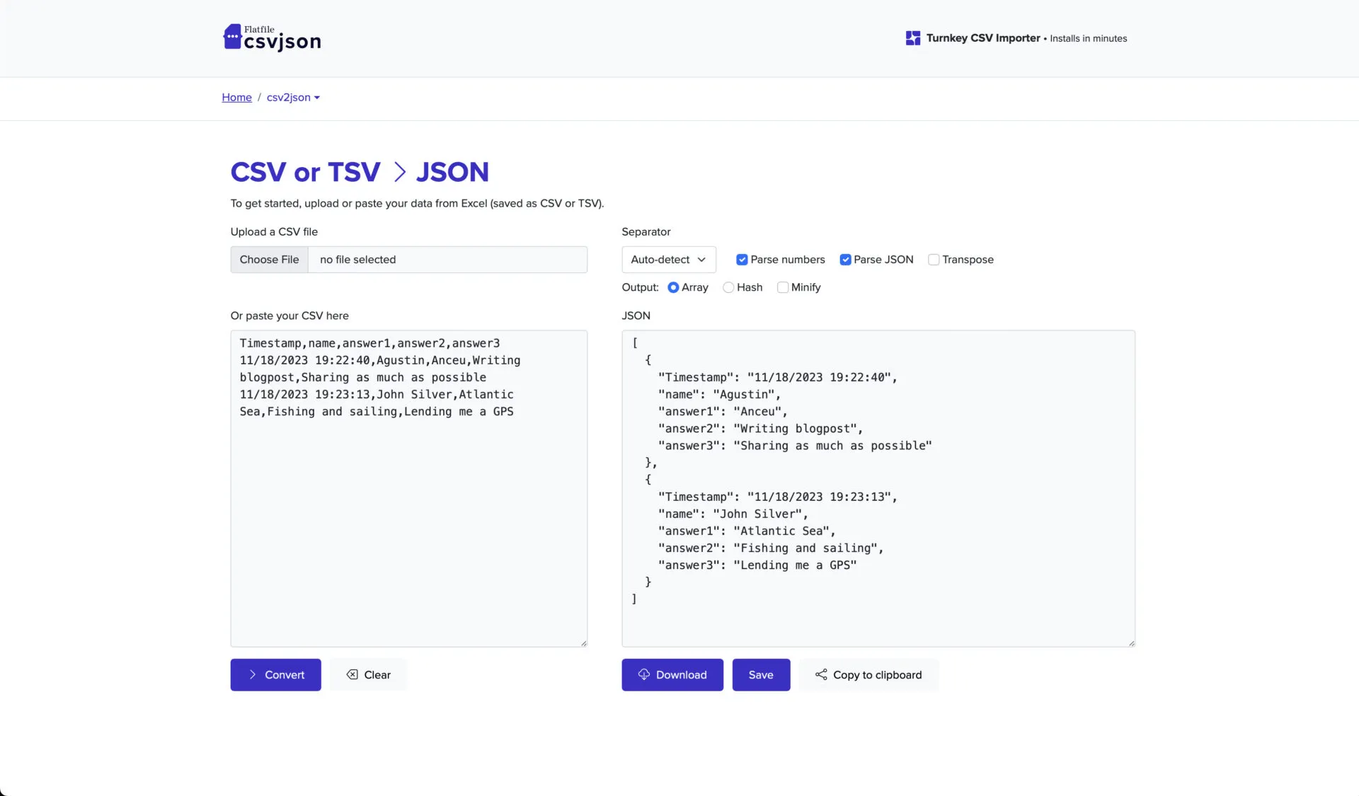 A ferramenta csv2json cos datos convertidos