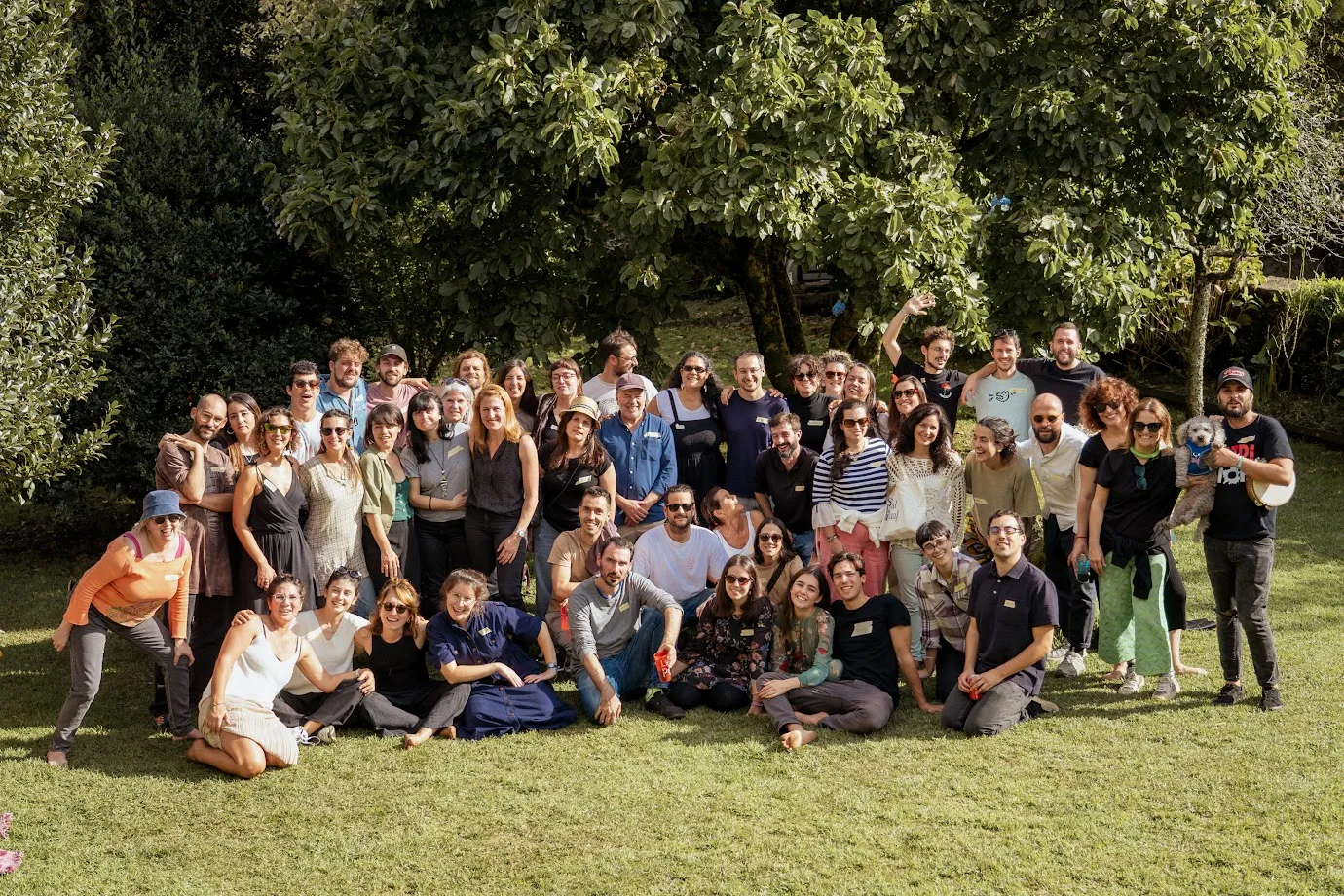 Unas cincuenta personas posando juntas para una foto de grupo sobre la hierba bajo un árbol grande
