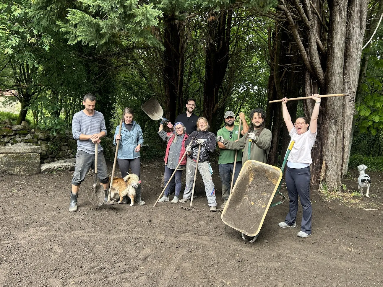 Oito voluntarios posando con pas, angazos e unha carretilla sobre terra recén removida baixo árbores altas, con dous cans preto