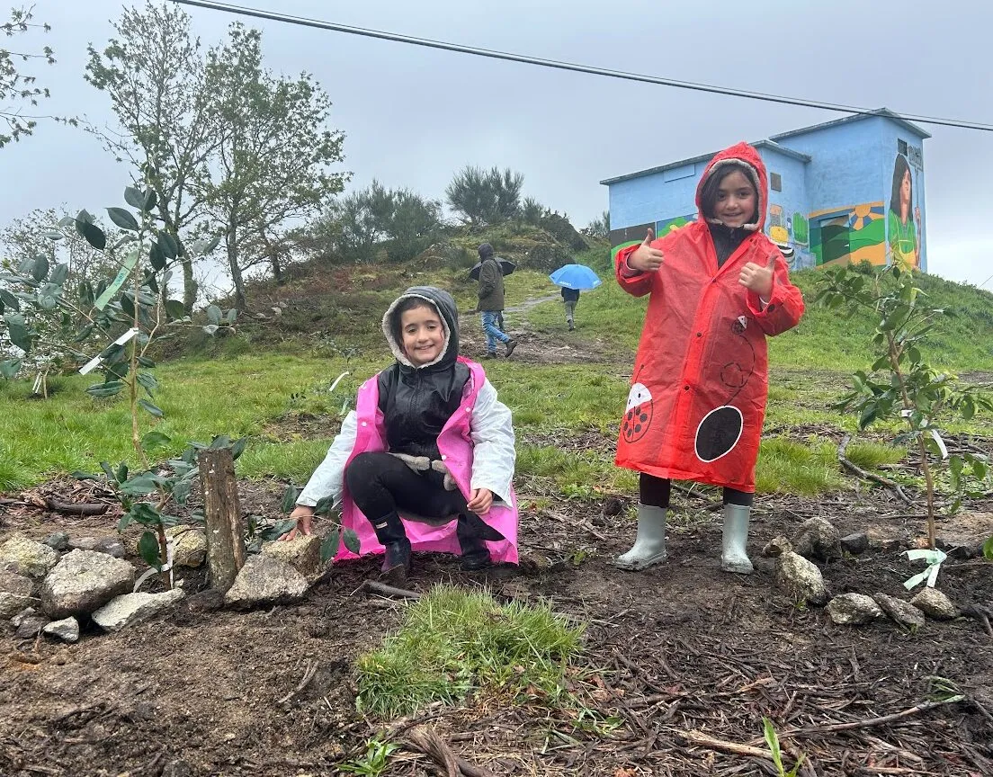 Dos niños con chubasqueros entre arbolitos recién plantados en una ladera con niebla, uno agachado y otro levantando los pulgares
