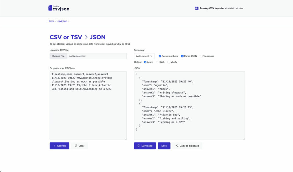 csv2json tool